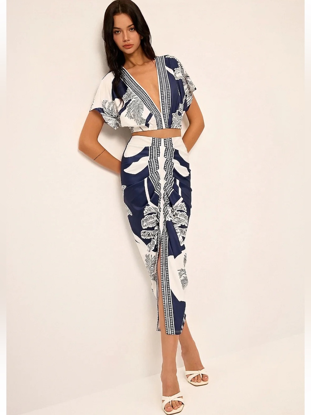 Commense Navy & White Floral Print Midi Skirt Set Medium